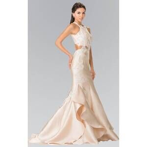 NEW ELIZABETH K ruffle skirt cutout back dress in champagne